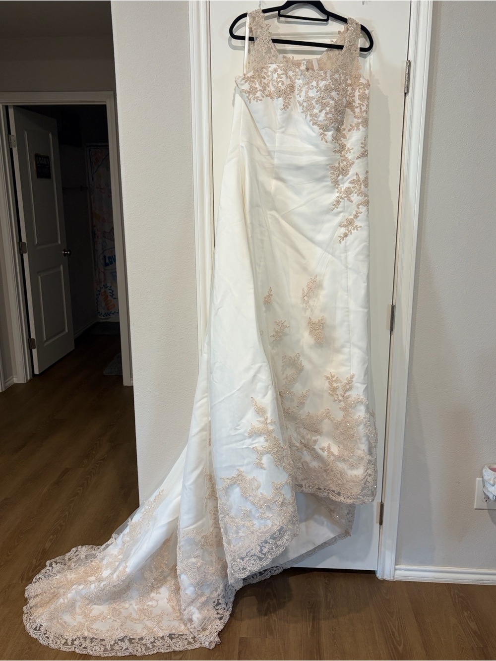 Ivory Satin Wedding Gown with Blush Lace Appliqué